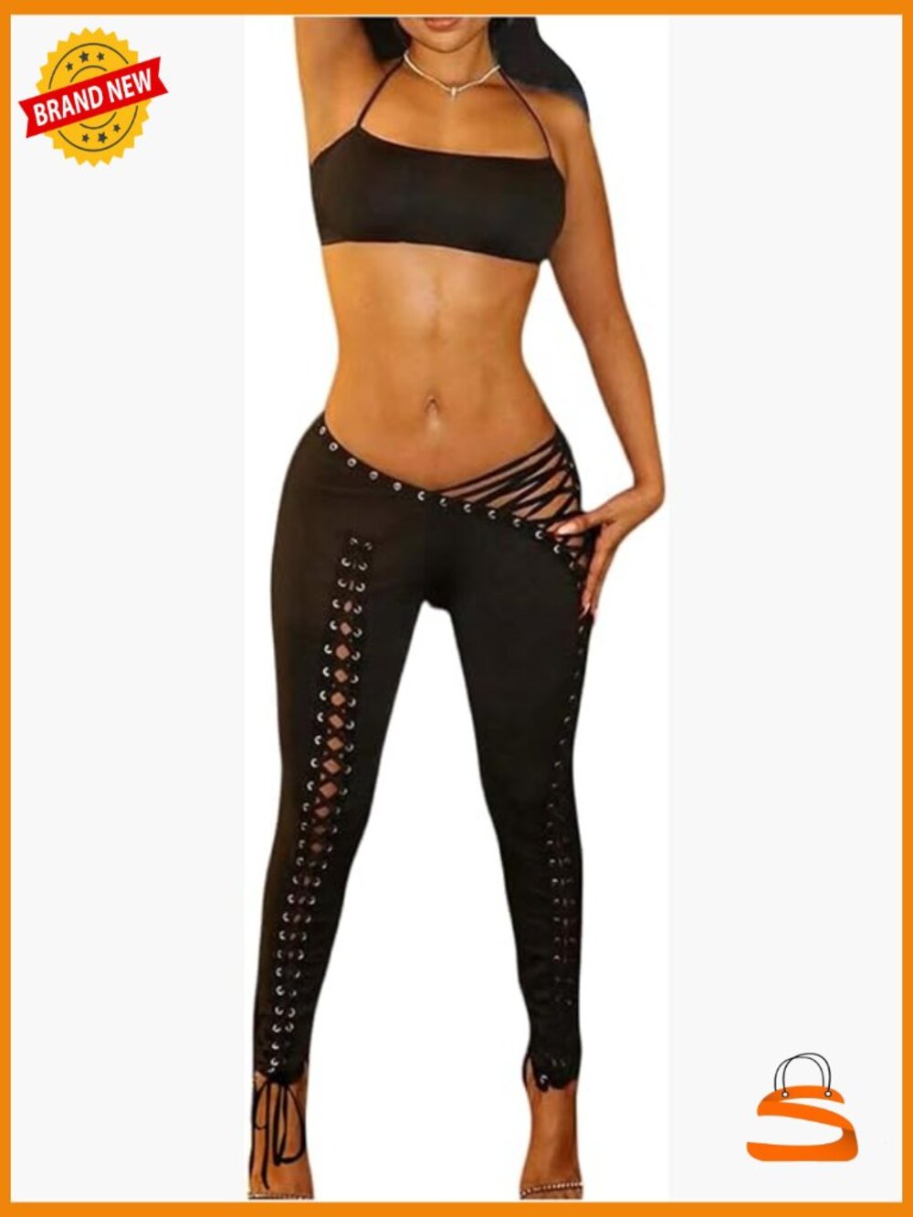 Sexy 2 Piece Outfits Y2K Halter Crop Top Lace Up Gothic Pants Set Rave Festival